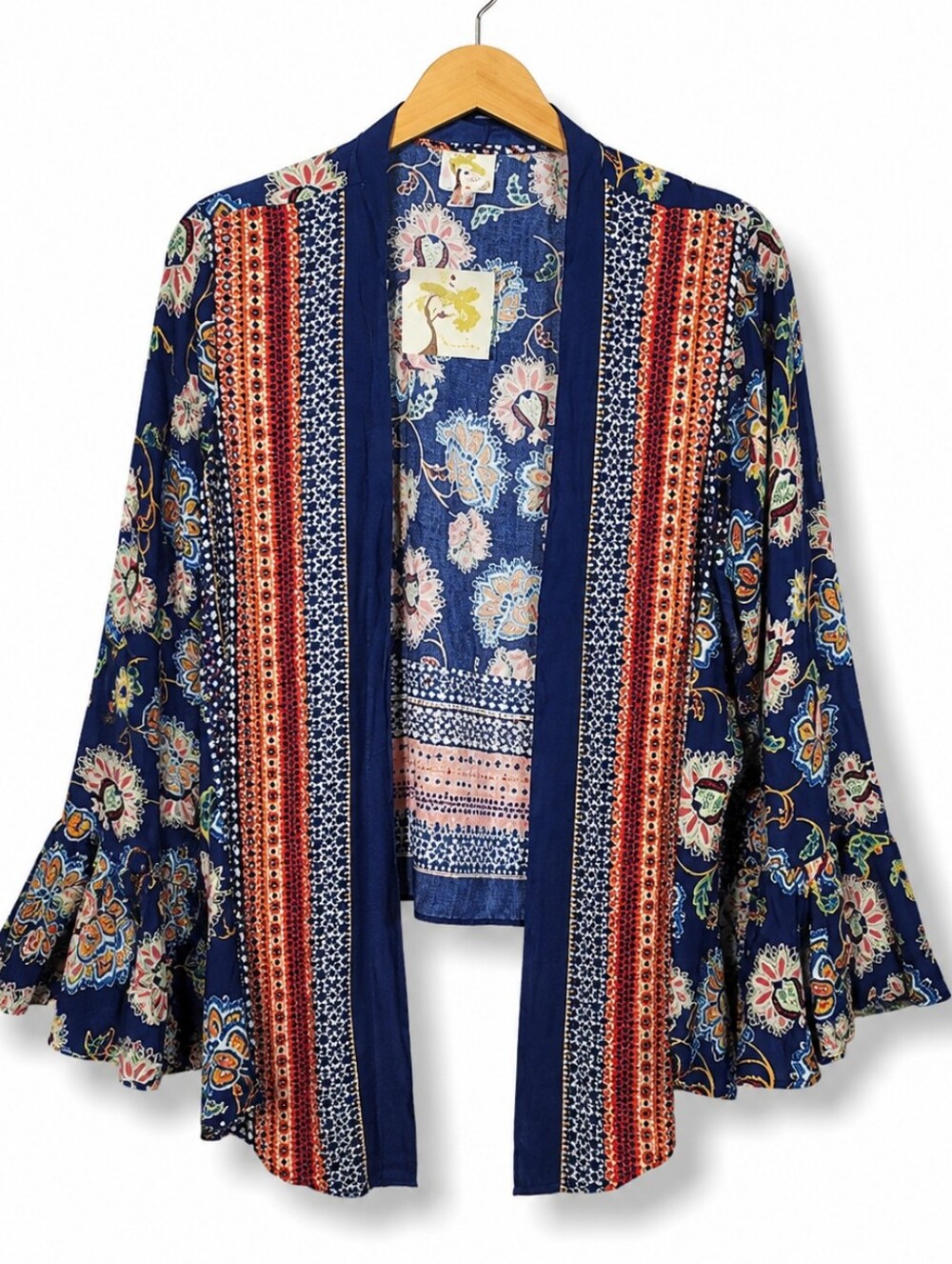 fig and flower Anthropologie NWT Navy Floral Kimono with Red and Yellow Accents - Picture 3 of 11